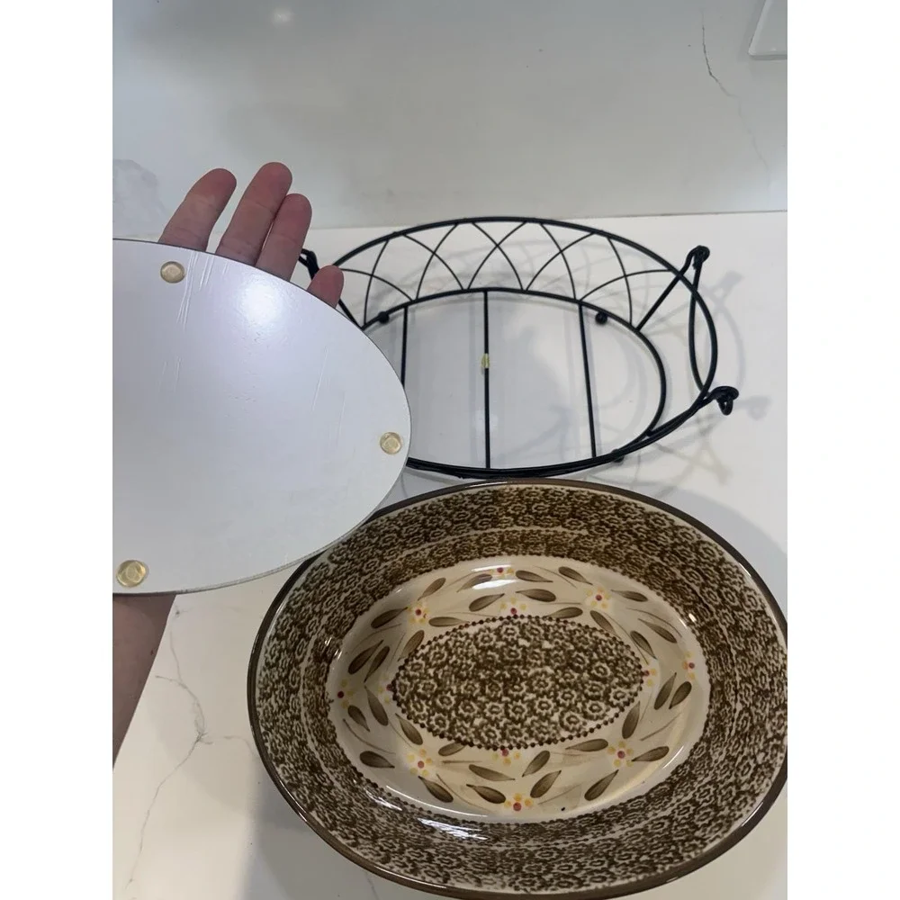 Temptations by Tara Old World BROWN 2 QT Oval Casserole Dish Rack Trivet 3 Pcs